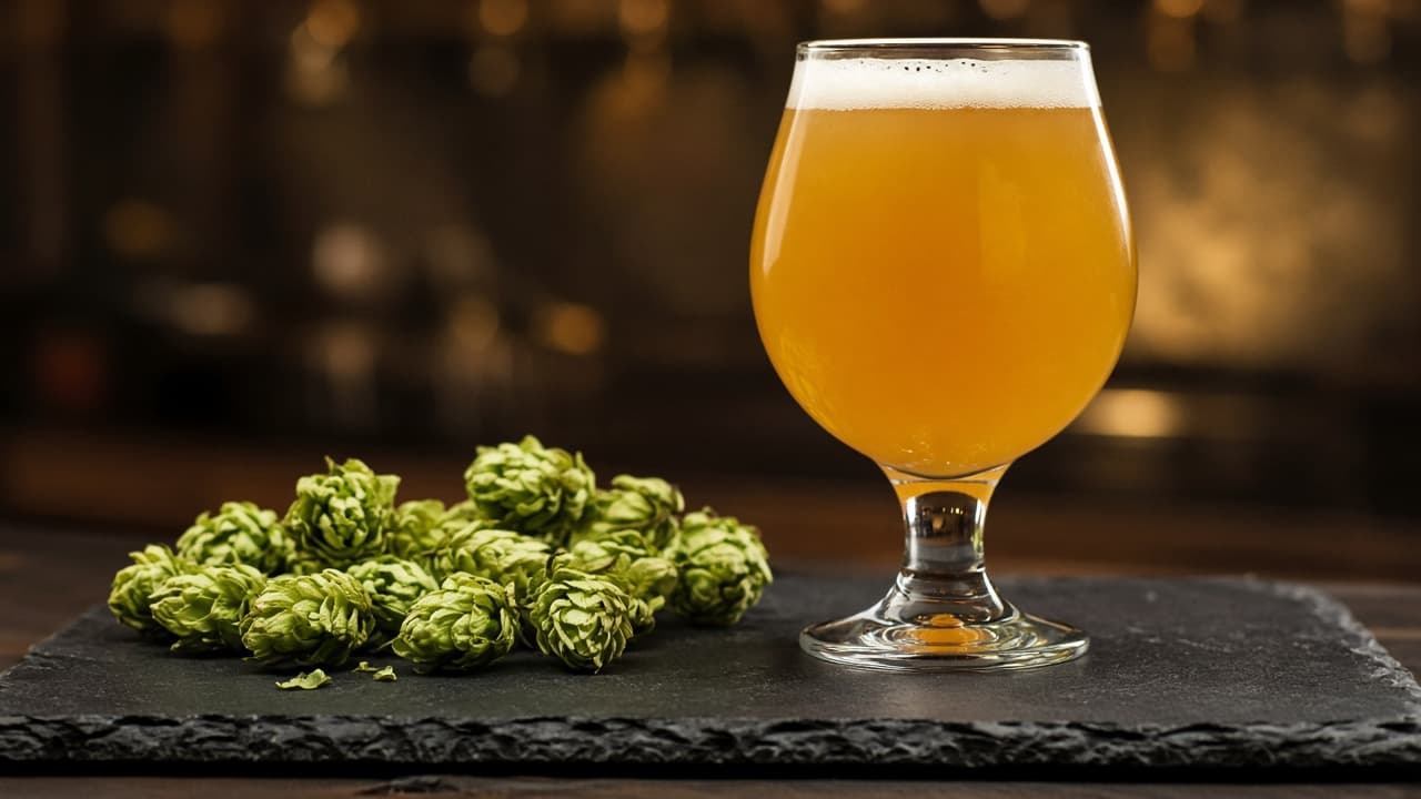 Hazy gold IPA in a tulip glass beside loose hop cones on a slate board