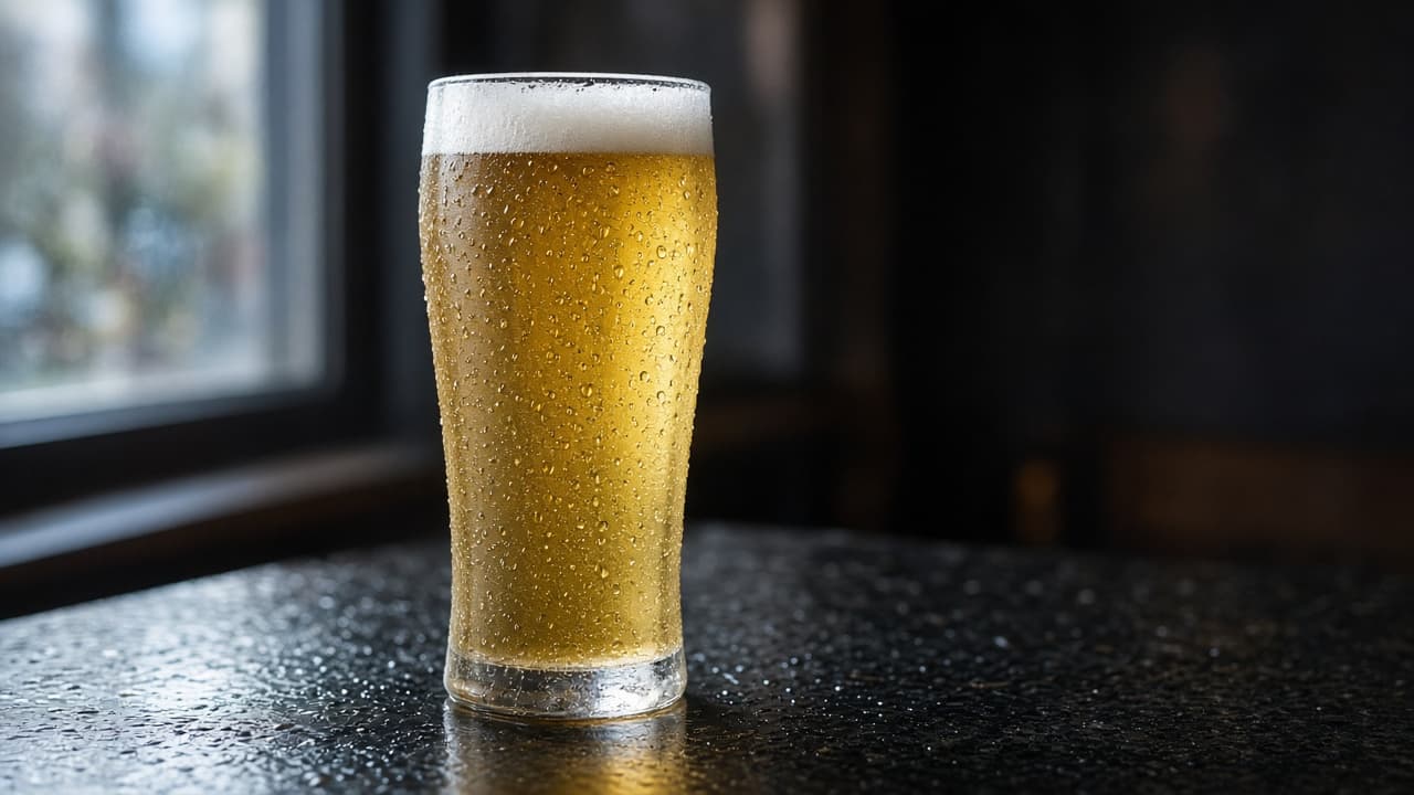 Pale lager in a tall glass with a tight white foam, condensation on the bowl