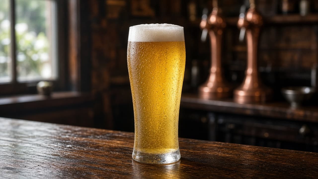 Bright pilsner in a slender glass catching window light on a bar