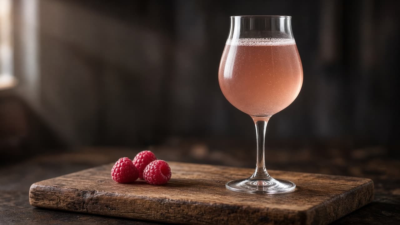 Pink-amber sour beer in a stemmed glass beside raspberries on a wooden board