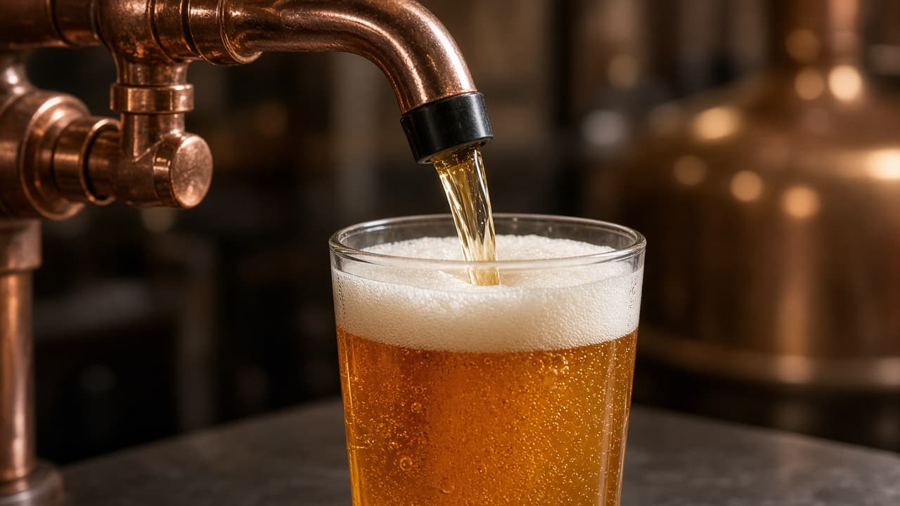 A modest beer pour from a copper tap into a clean tasting glass