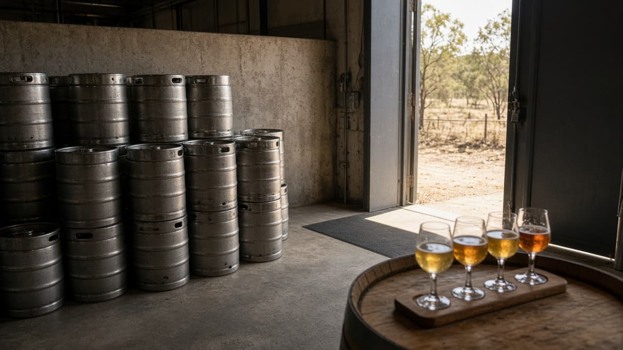 Adelaide brewery cellar door with stacked kegs and a tasting paddle on a barrel table