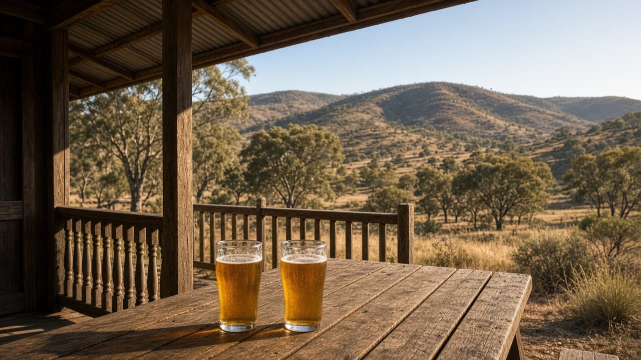 Western Australian brewery verandah looking toward dry hills, glasses on a picnic table