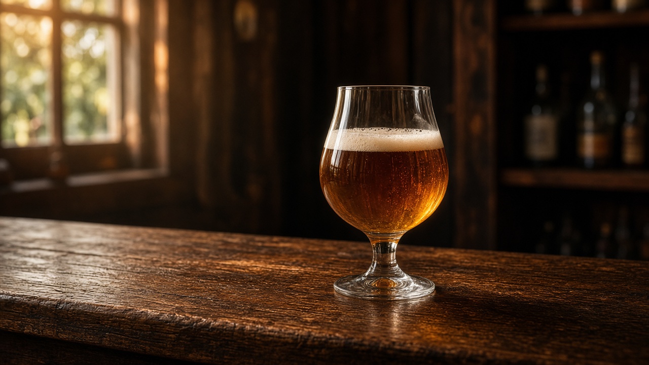 Amber ale in a stemmed tasting glass on a Sydney timber bar, late cellar light