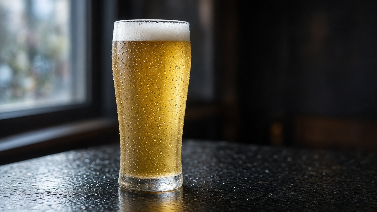 Bright pilsner in a slender glass catching window light on a bar