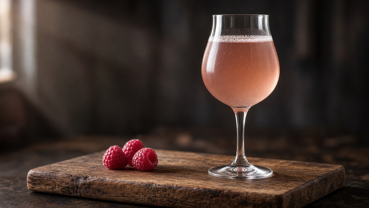Pink-amber sour beer in a stemmed glass beside raspberries on a wooden board
