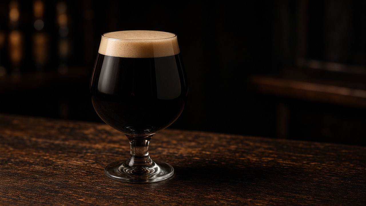 Near-black stout with a tan head in a snifter on a dark timber bar