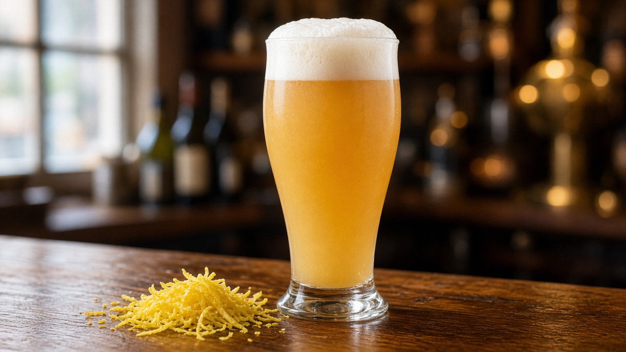 Cloudy wheat beer in a tall vase glass with a high white foam collar