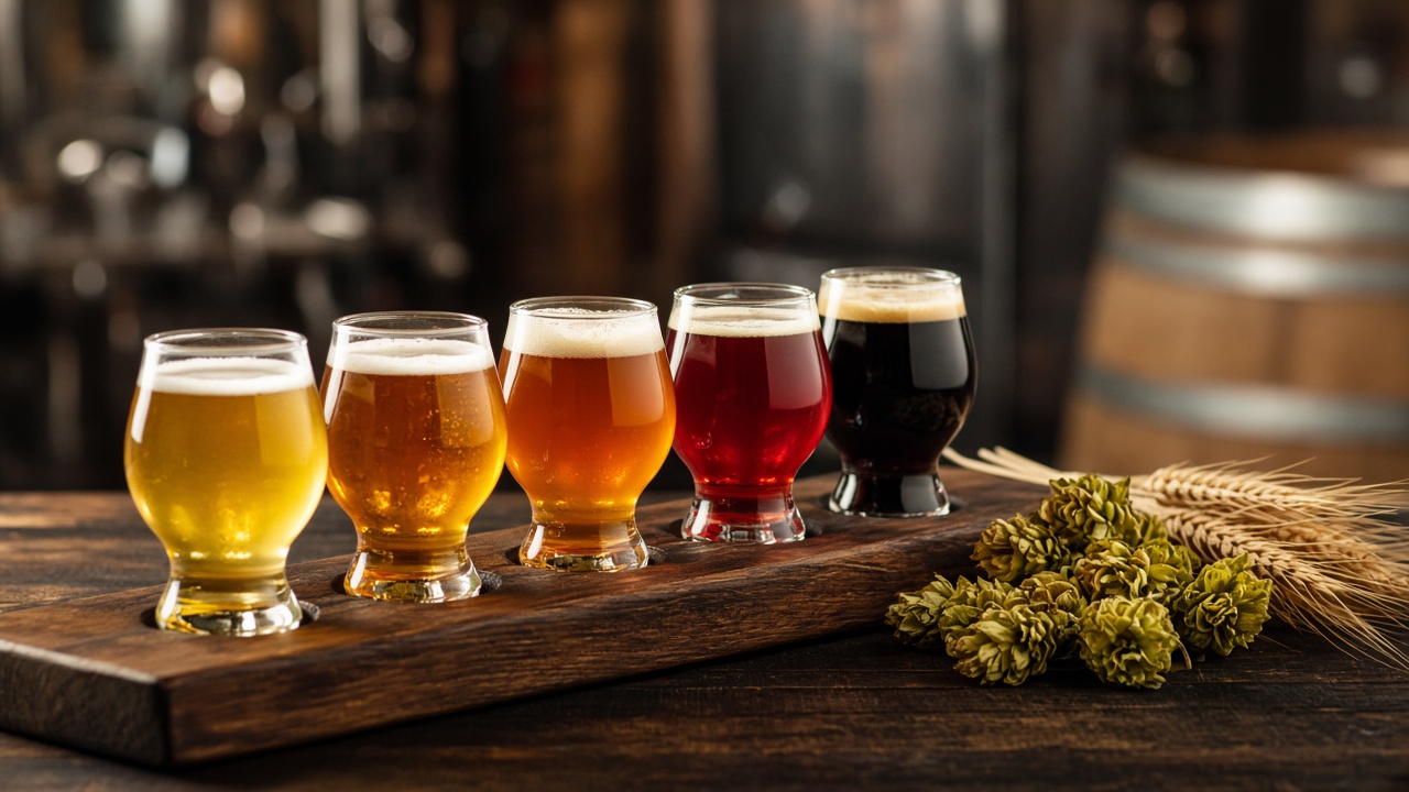 A tasting flight from pale lager to stout on a timber paddle