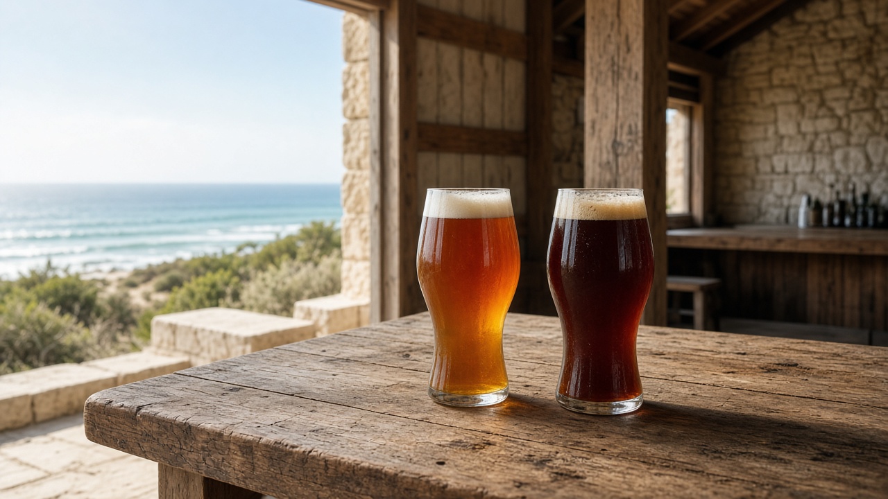 Coastal-light tasting table — two glasses, one dry driver