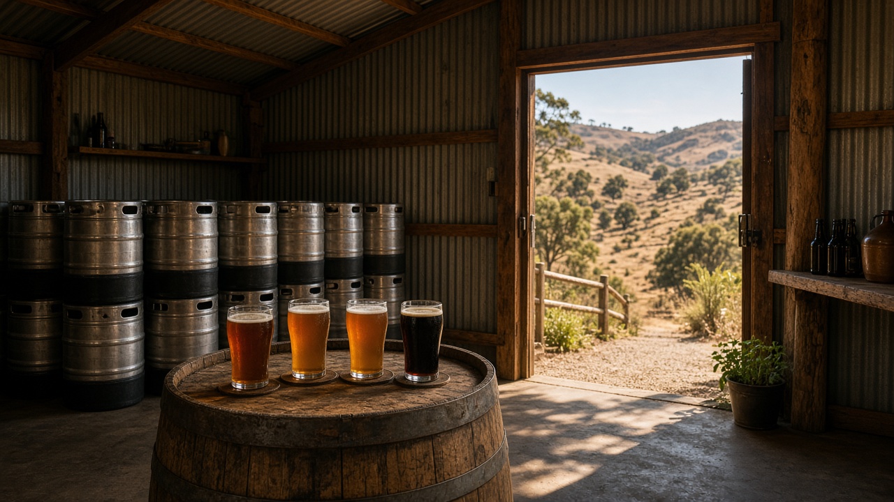 A cellar-door tasting room — wine-country furniture, beer in the glass