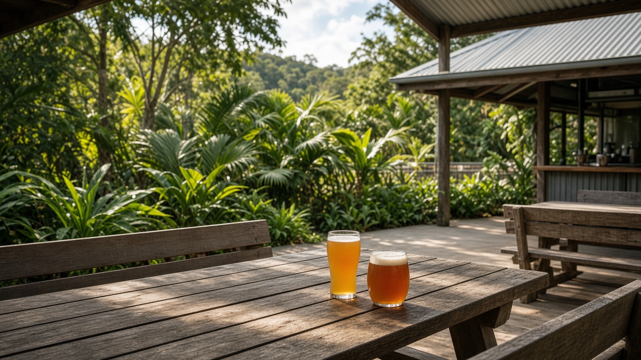 Outdoor SEQ taproom — shade first, then the glass