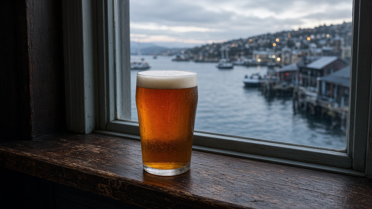 Hobart waterfront pint — cool light, no score on the glass