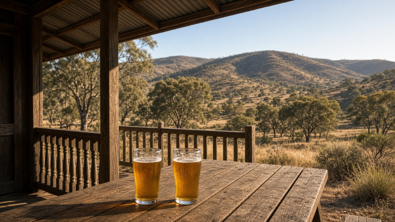 WA brewery verandah — dry-hills light, adult glasses, no trophy