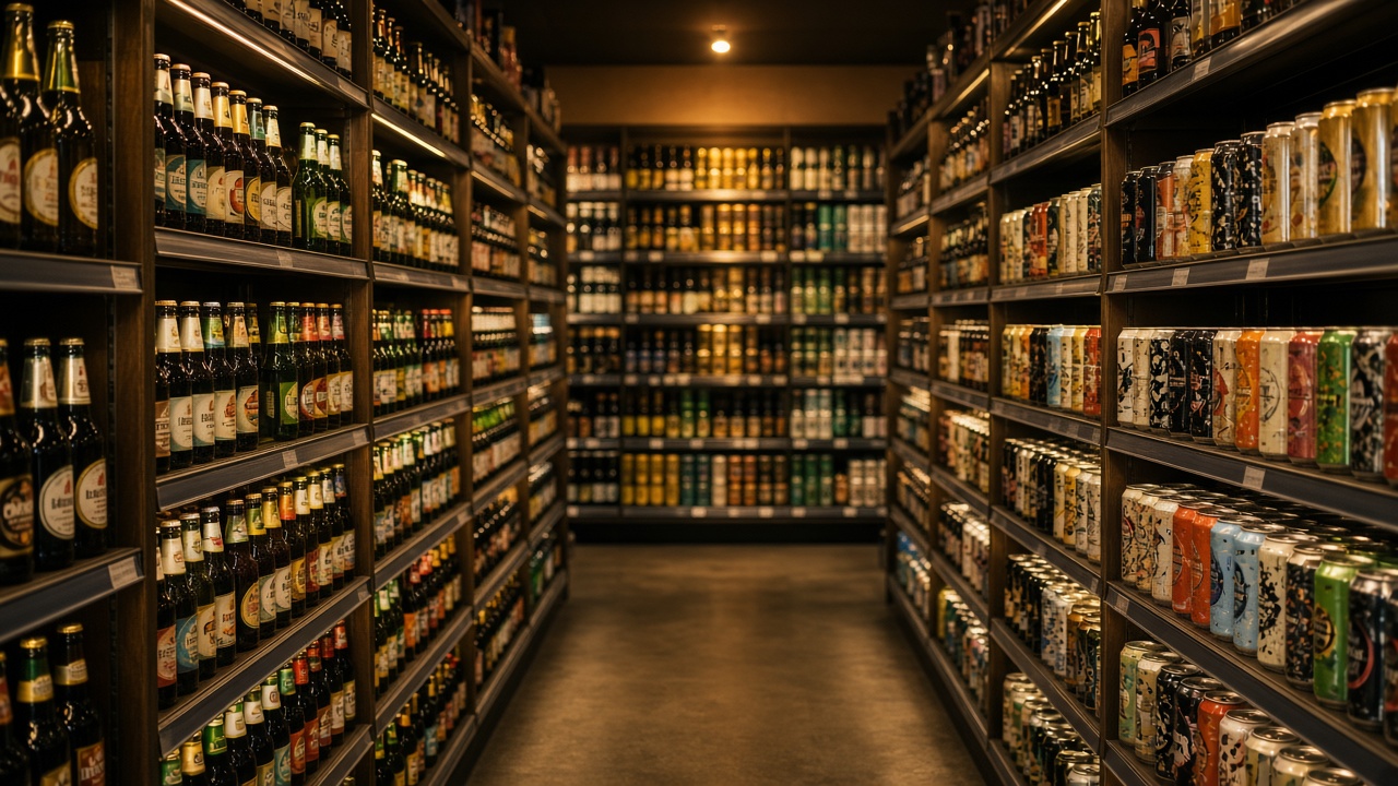 Unbranded bottle-shop aisle used as a discovery room, not a trophy cabinet